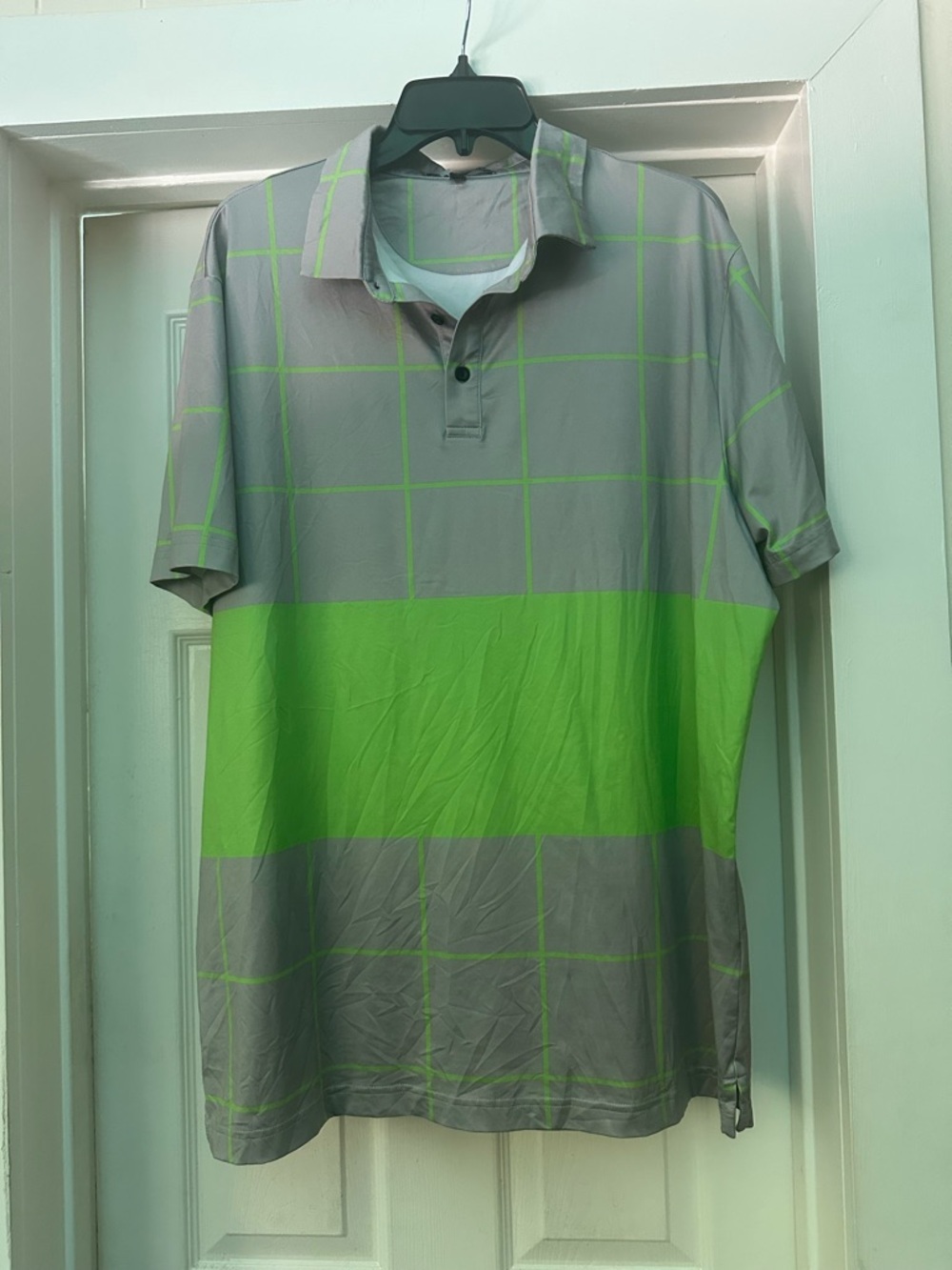 Men's Gray Polo with Neon Green Block and Grid